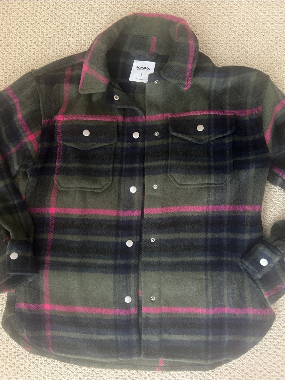 Sonoma Olive Plaid Shirt Jacket with Pink Stripes - Picture 3 of 7